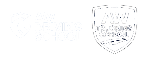 Side‑by‑side AW Driving School and AW Trucking School logos. Left: blue shield with a white roadway and the text ‘AW DRIVING SCHOOL’ plus the tagline ‘ONE-ON-ONE TRAINING. SAFER ROADS AHEAD.’ Right: navy shield badge with ‘AW TRUCKING SCHOOL’ above a stylized road.