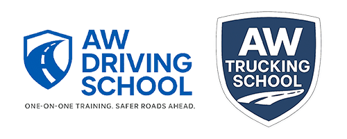Side‑by‑side AW Driving School and AW Trucking School logos. Left: blue shield with a white roadway and the text ‘AW DRIVING SCHOOL’ plus the tagline ‘ONE-ON-ONE TRAINING. SAFER ROADS AHEAD.’ Right: navy shield badge with ‘AW TRUCKING SCHOOL’ above a stylized road.